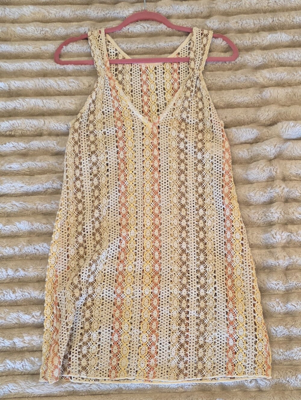 BECCA 100% Cotton Cream Crochet Cover-Up with Yellow and Orange Accents